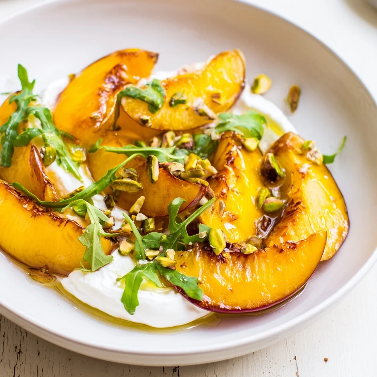 A close-up of a vegetarian grain bowl featuring caramelized peaches, torn burrata, arugula, and a drizzle of balsamic glaze.
