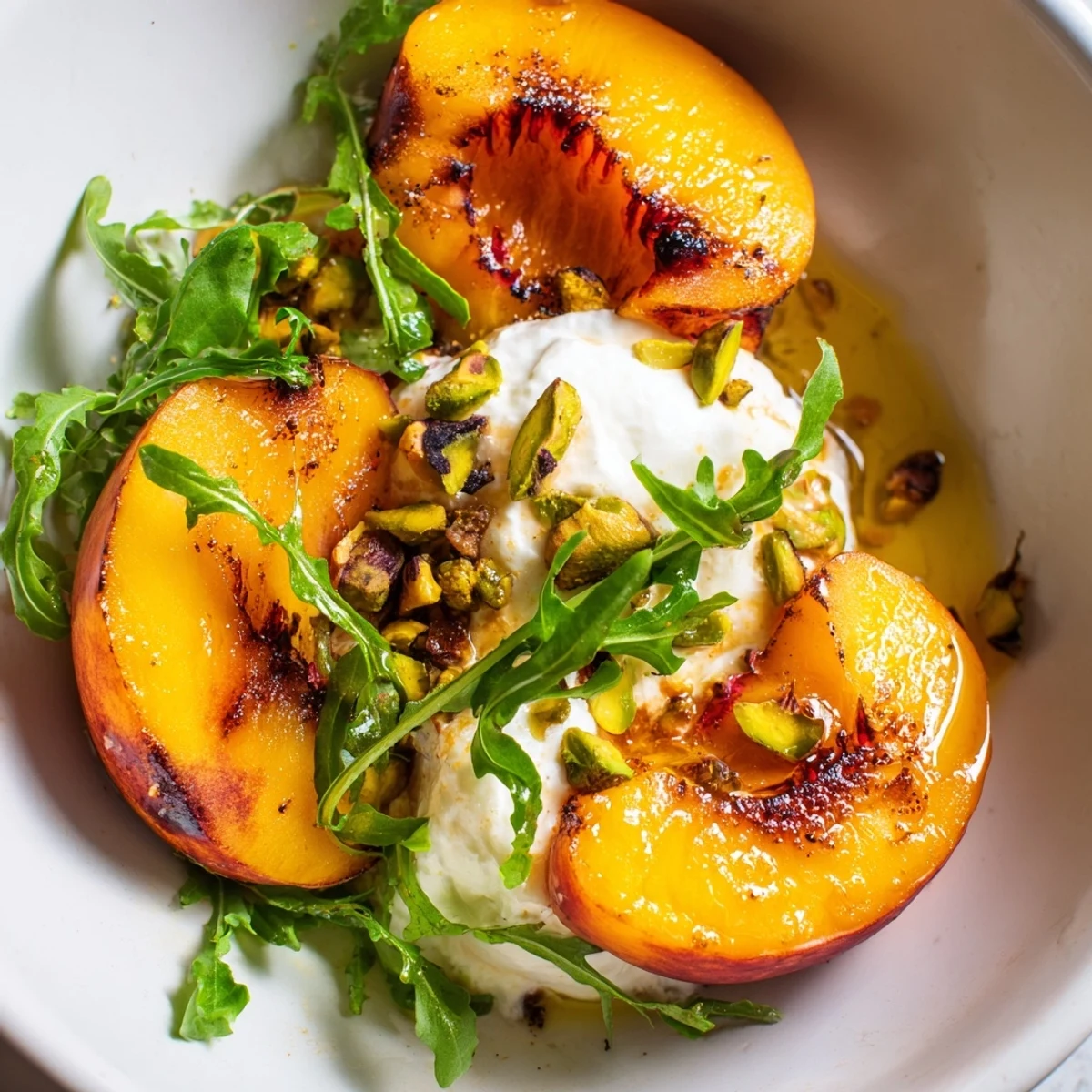 Golden caramelized peaches and creamy burrata top a hearty farro grain bowl garnished with fresh basil and toasted pistachios.