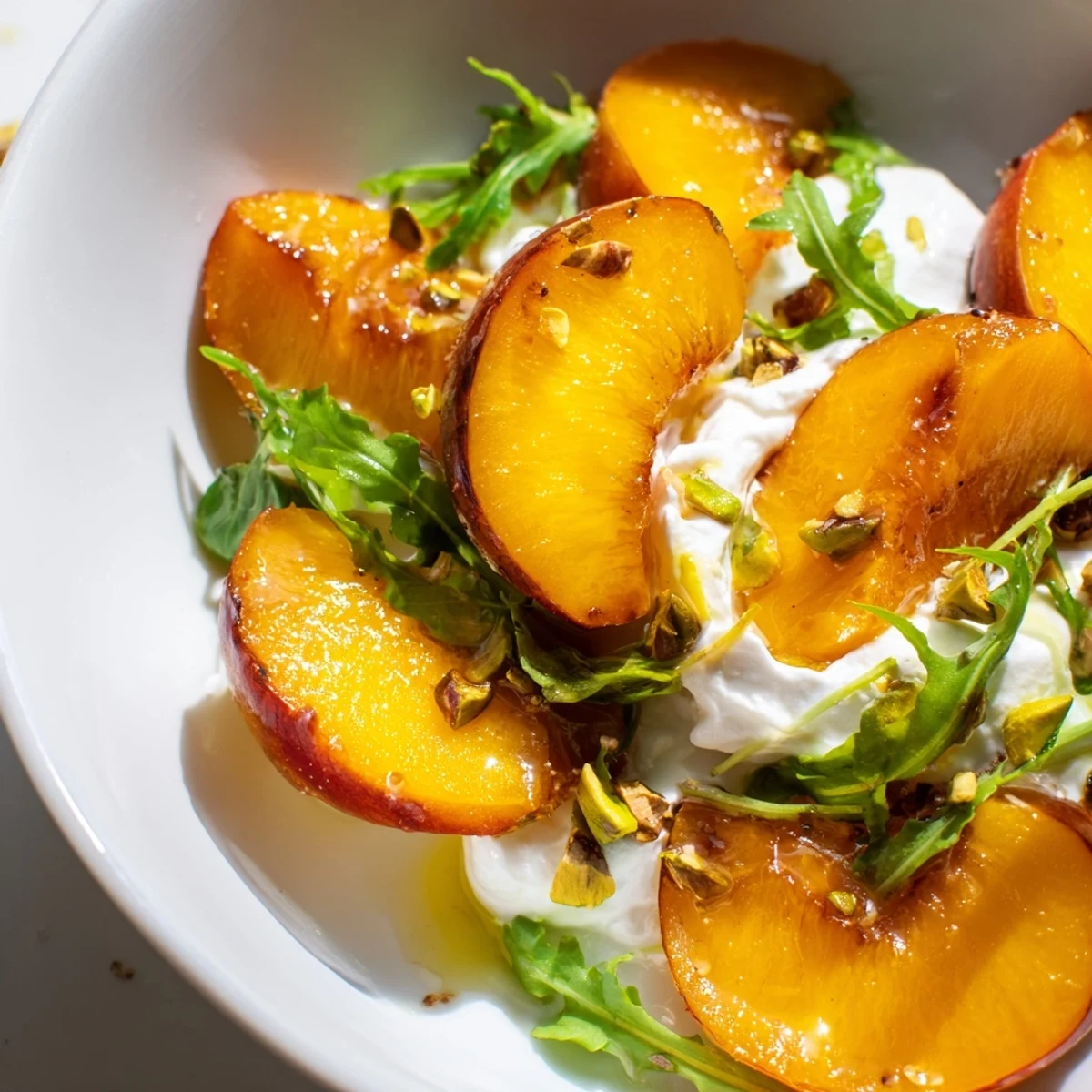 Ready-to-eat Mediterranean-inspired grain bowl with warm peaches, creamy cheese, and crunchy nuts on a bed of greens.