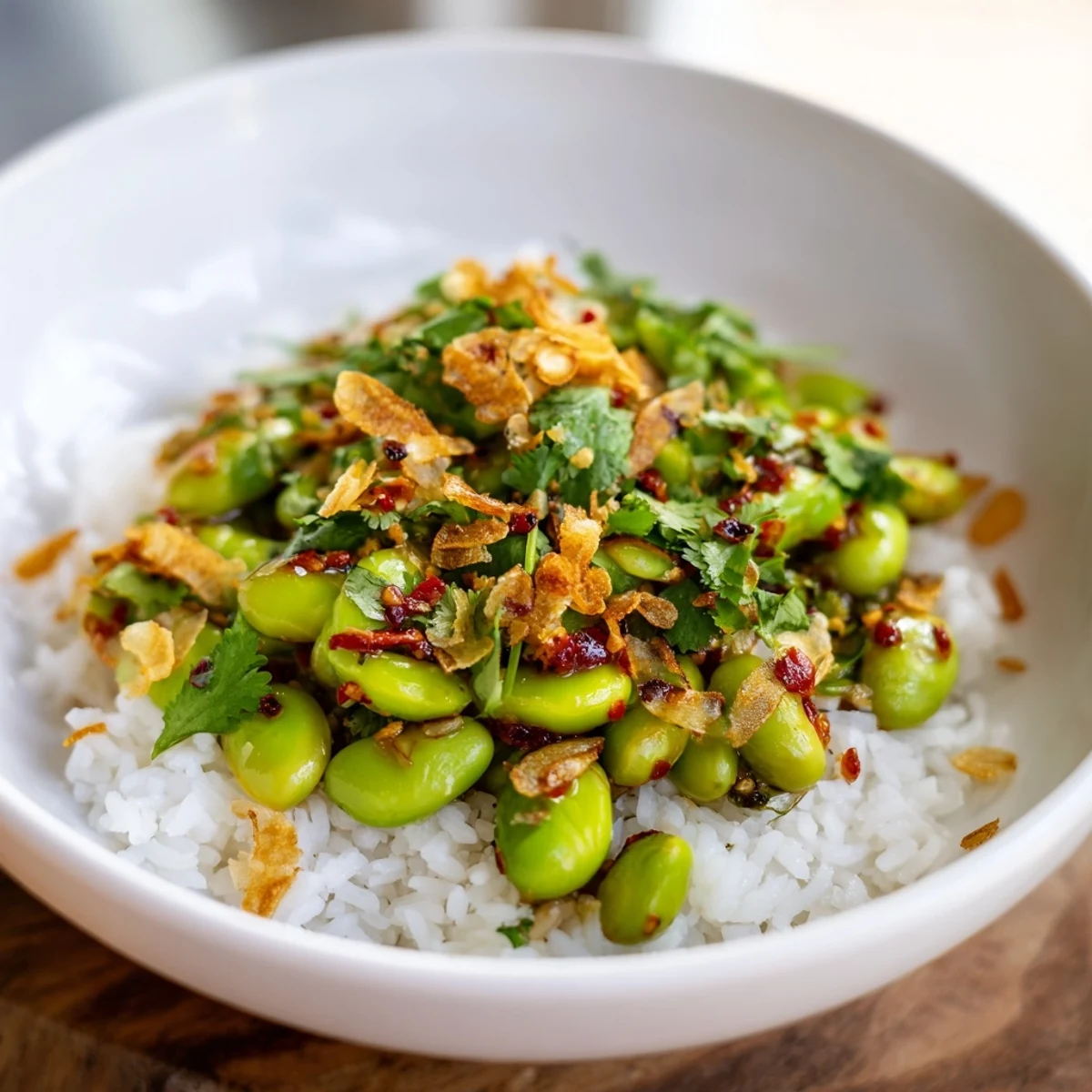 Crispy garlic and chili oil coat edamame and veggies in a vibrant bowl with lime.