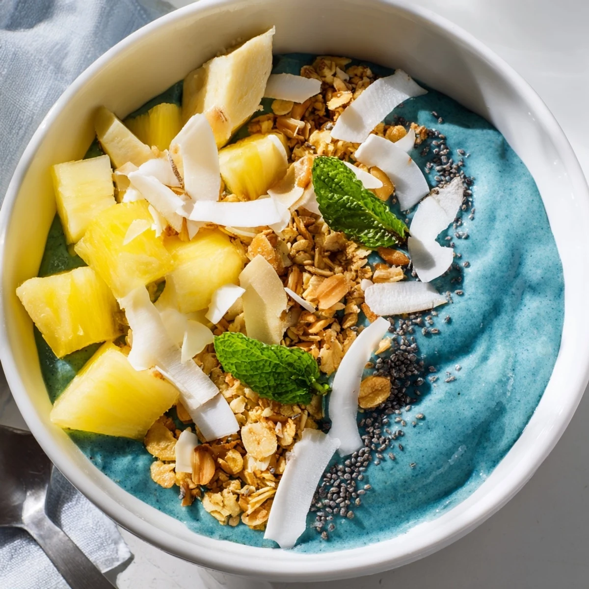 A vibrant blue spirulina pineapple smoothie bowl with toasted coconut and granola for a tropical breakfast.  