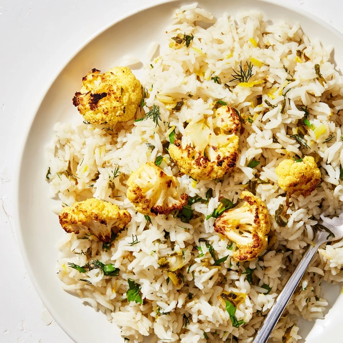 Lemon herb basmati rice paired with warm roasted cauliflower makes a vibrant vegetarian main dish.