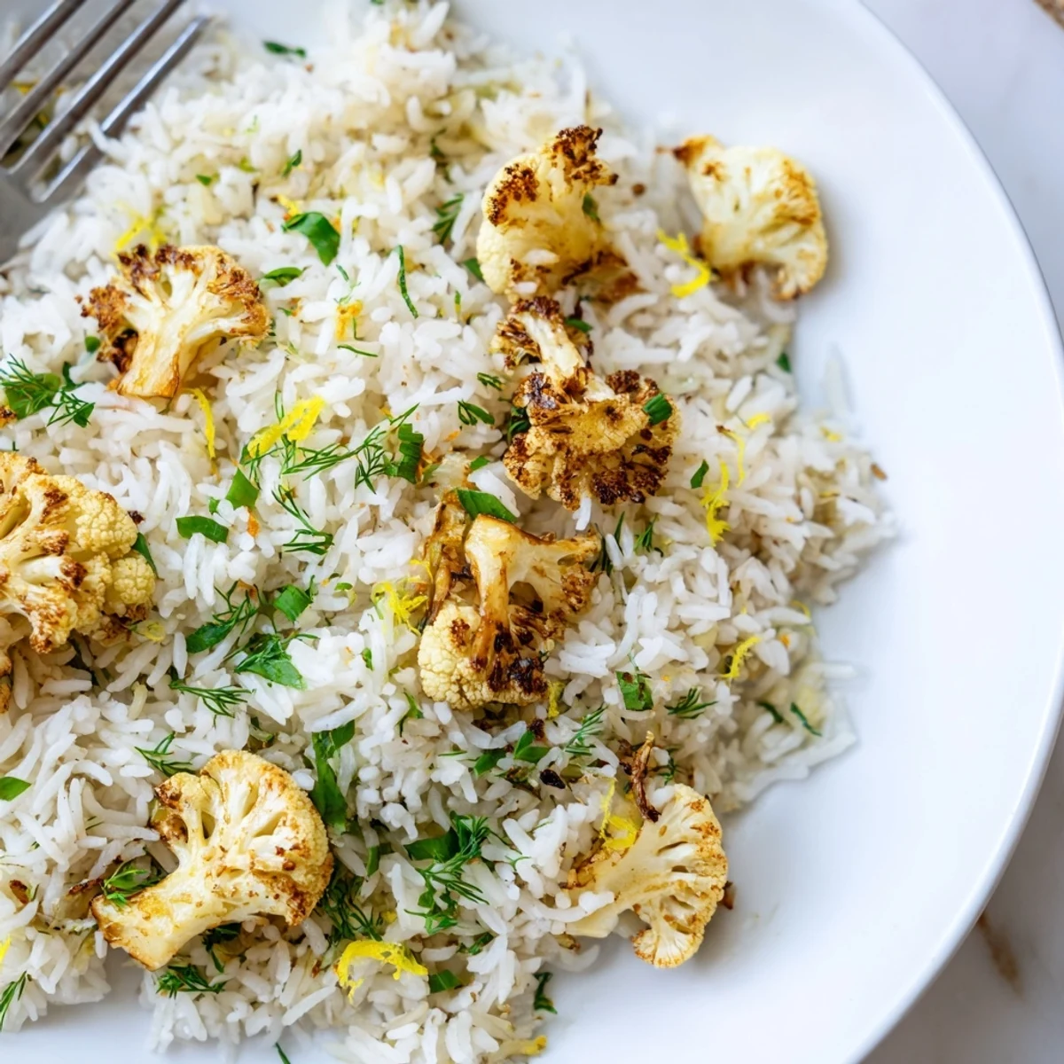 Golden roasted cauliflower florets sit beside fluffy lemon herb basmati rice garnished with fresh parsley.