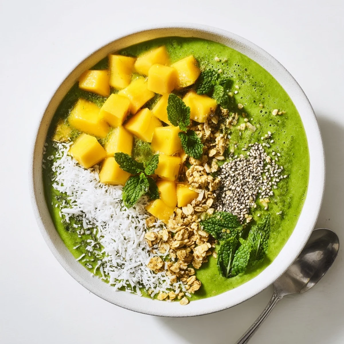 A close-up of a creamy Coconut Matcha Mango Smoothie Bowl with vibrant green and orange hues, topped with fresh mango and hemp seeds.