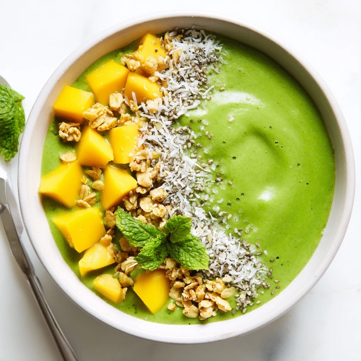 Spoon-ready Coconut Matcha Mango Smoothie Bowl served in a white bowl, featuring crunchy coconut flakes and chia seeds for texture.