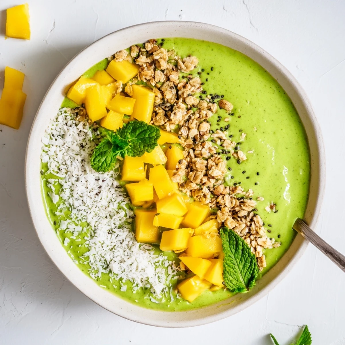 Vibrant tropical Coconut Matcha Mango Smoothie Bowl garnished with mint leaves, showcasing a thick, creamy base and nutrient-rich hemp seeds.