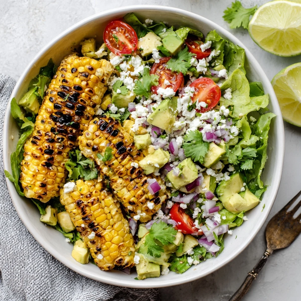 Smoky charred corn and diced avocado create a colorful Charred Corn and Avocado Salad Bowl, finished with tangy cotija and fresh lime wedges.