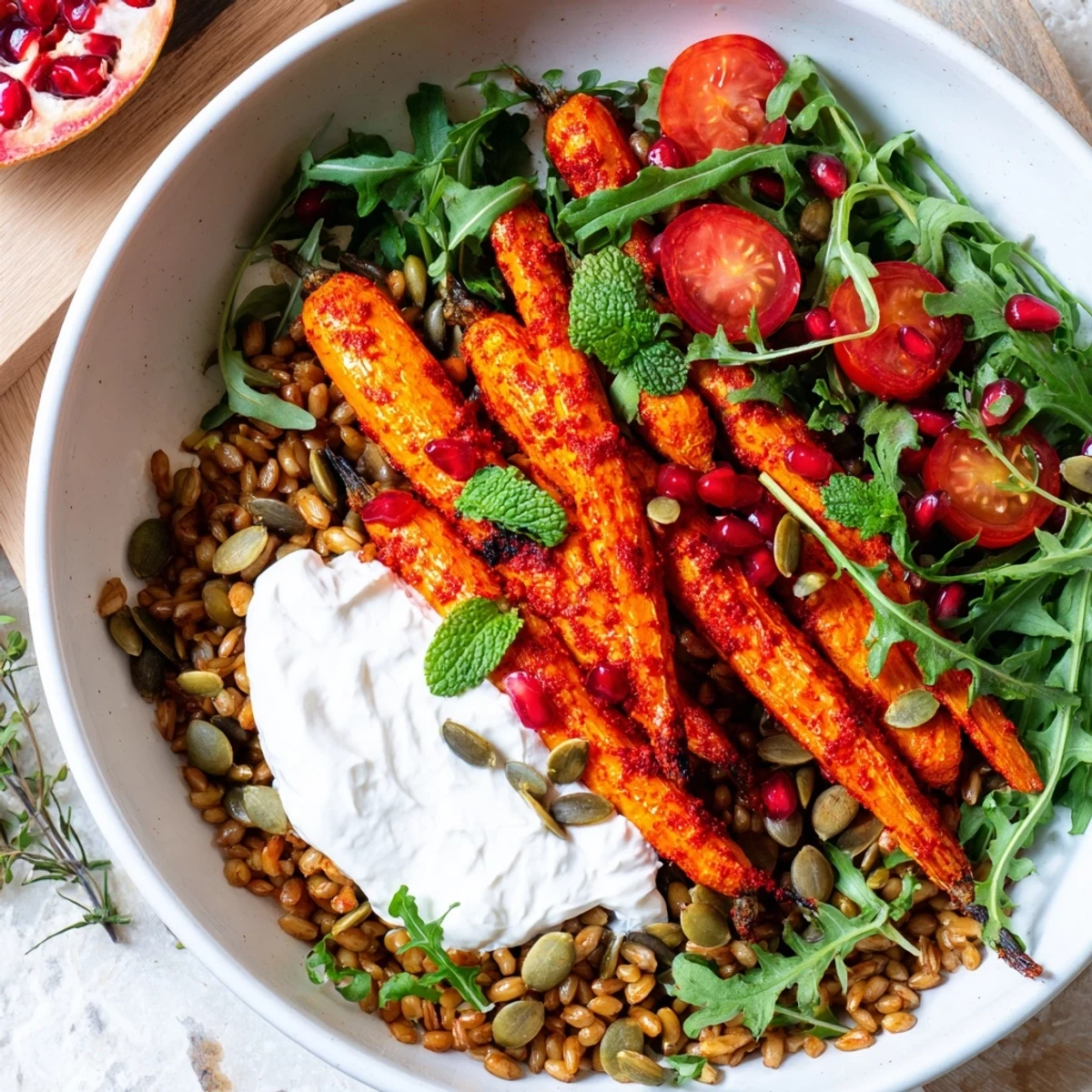 The finished Harissa Roasted Carrot Grain Bowl with Whipped Feta includes toasted pumpkin seeds and lemon wedges.
