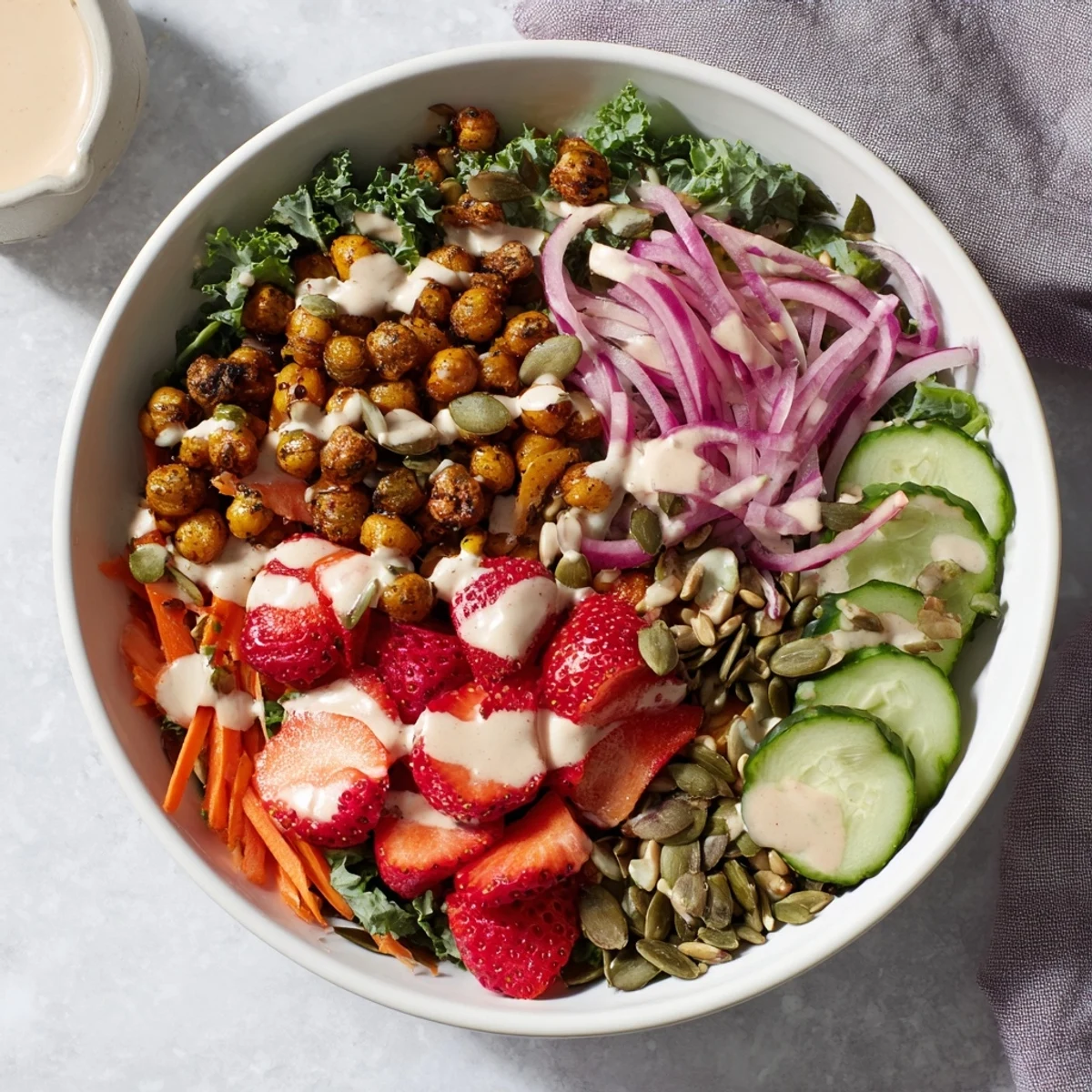 A close-up of the Strawberry Tahini Crunch Veggie Bowl with baby kale, strawberries, and creamy tahini dressing.