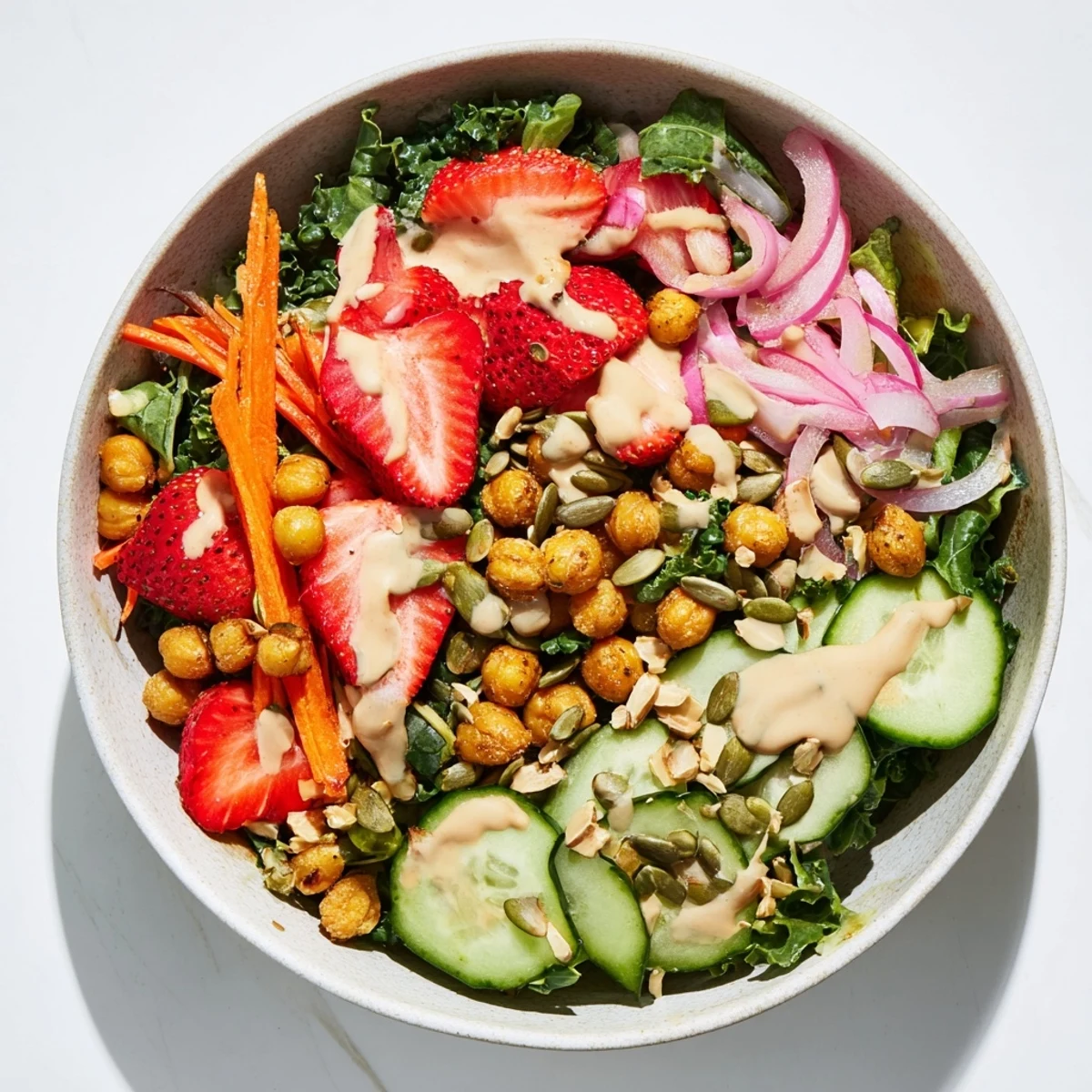 This vibrant Strawberry Tahini Crunch Veggie Bowl showcases crisp vegetables and crunchy seeds on a bed of baby kale.