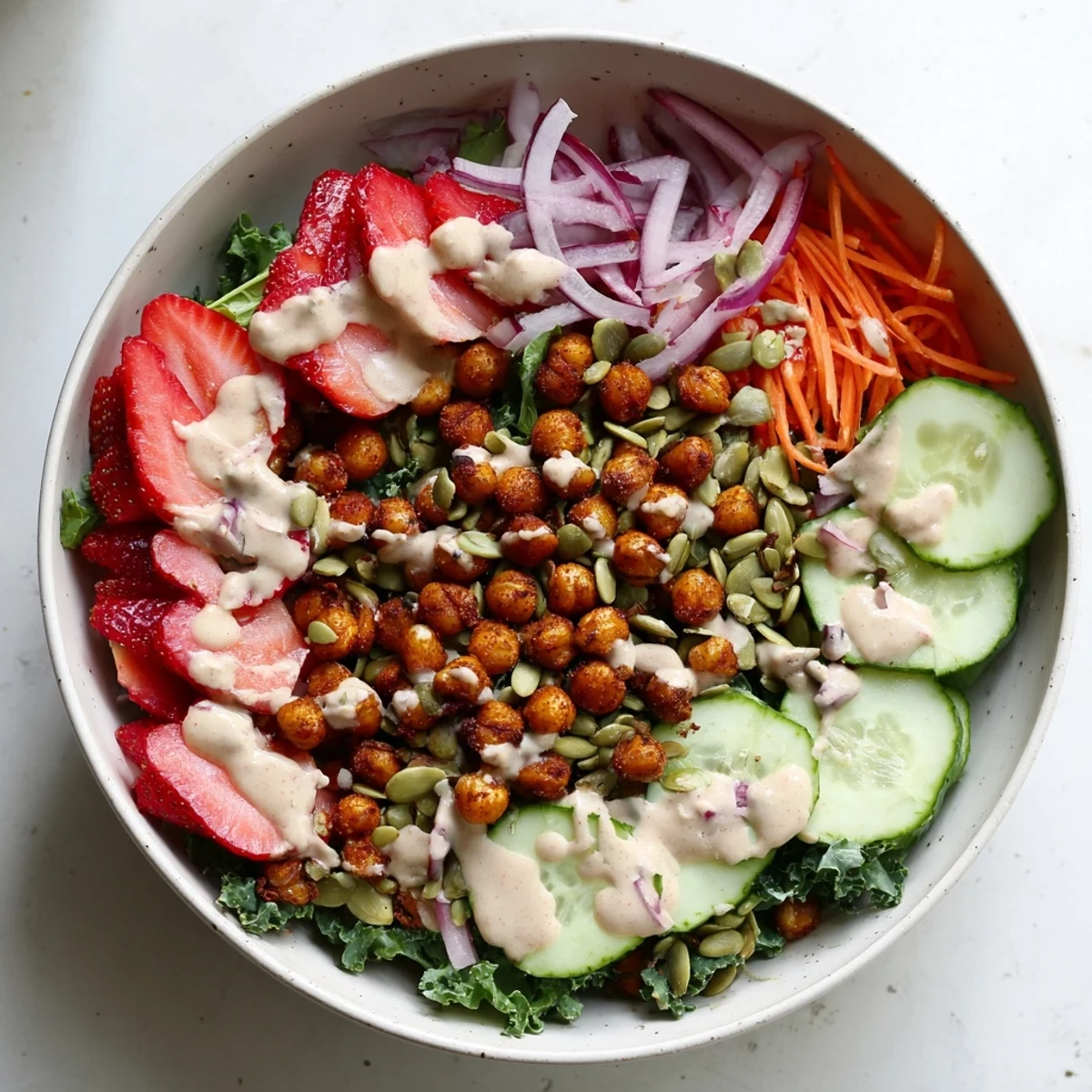 Serving suggestion for Strawberry Tahini Crunch Veggie Bowl with fresh strawberries and a drizzle of tahini dressing.