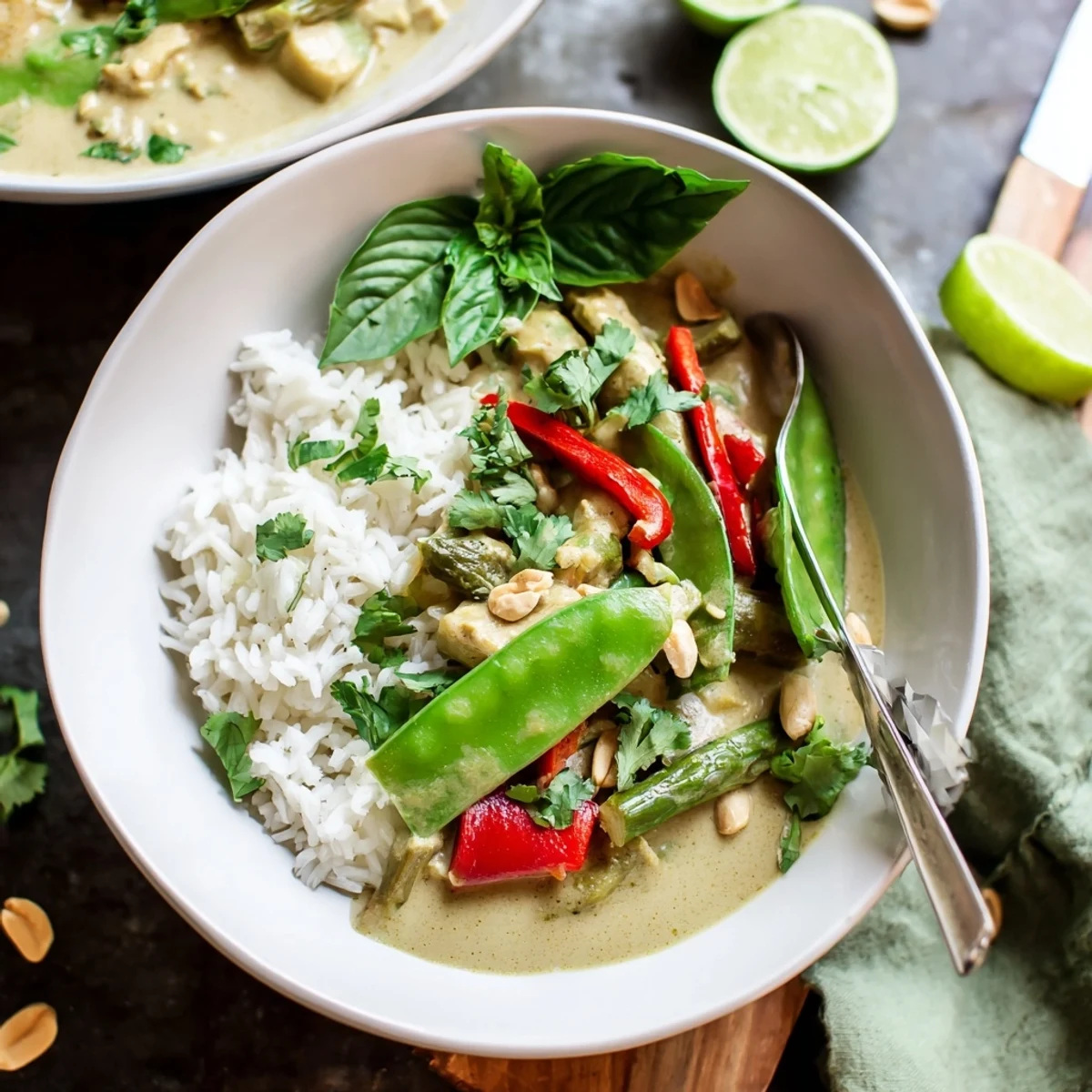 A close-up photo of Thai Green Curry Rice with Snap Peas and Basil served in a white bowl, garnished with fresh basil and lime wedges.