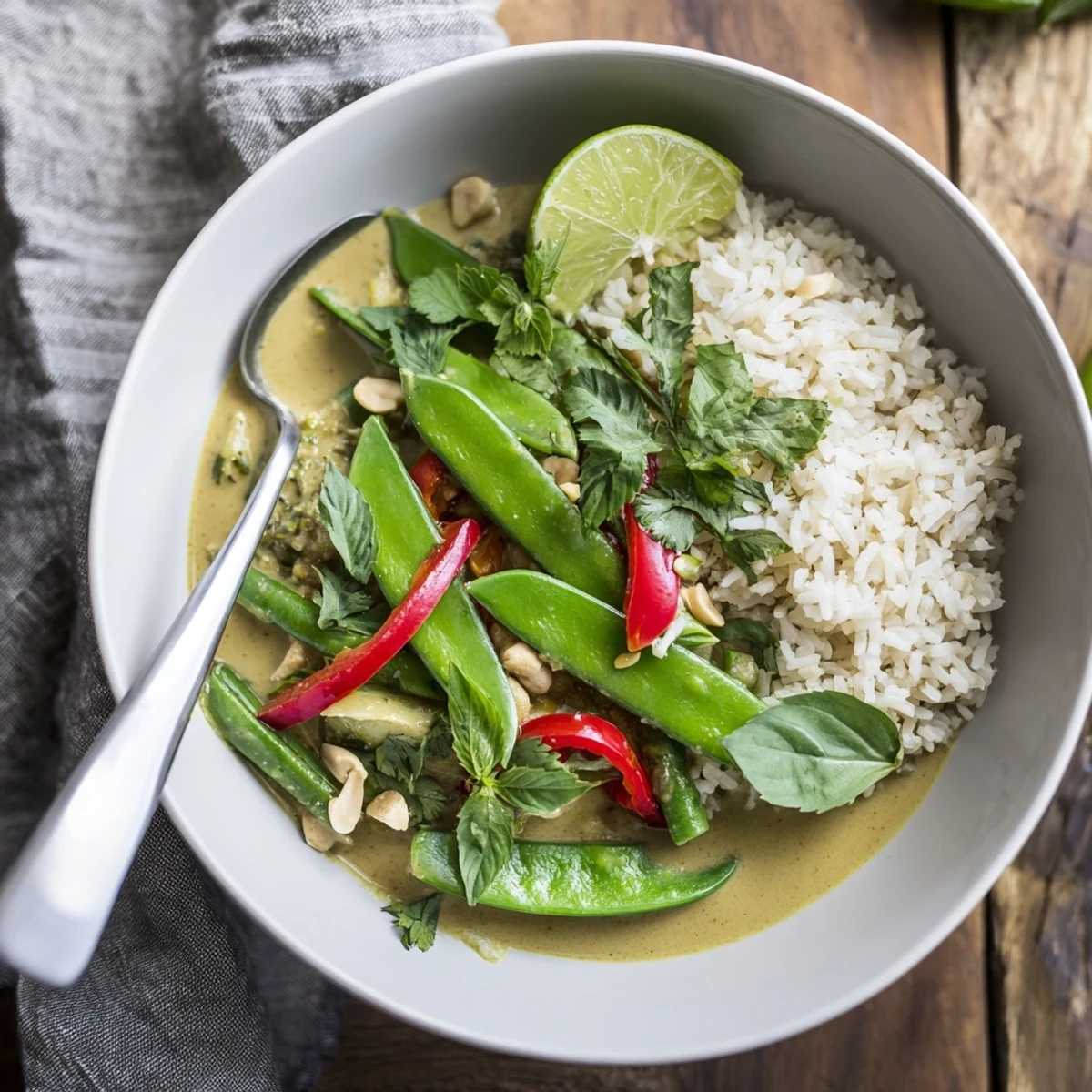 Overhead view of Thai Green Curry Rice with Snap Peas and Basil plated with a side of peanuts and cilantro garnish.