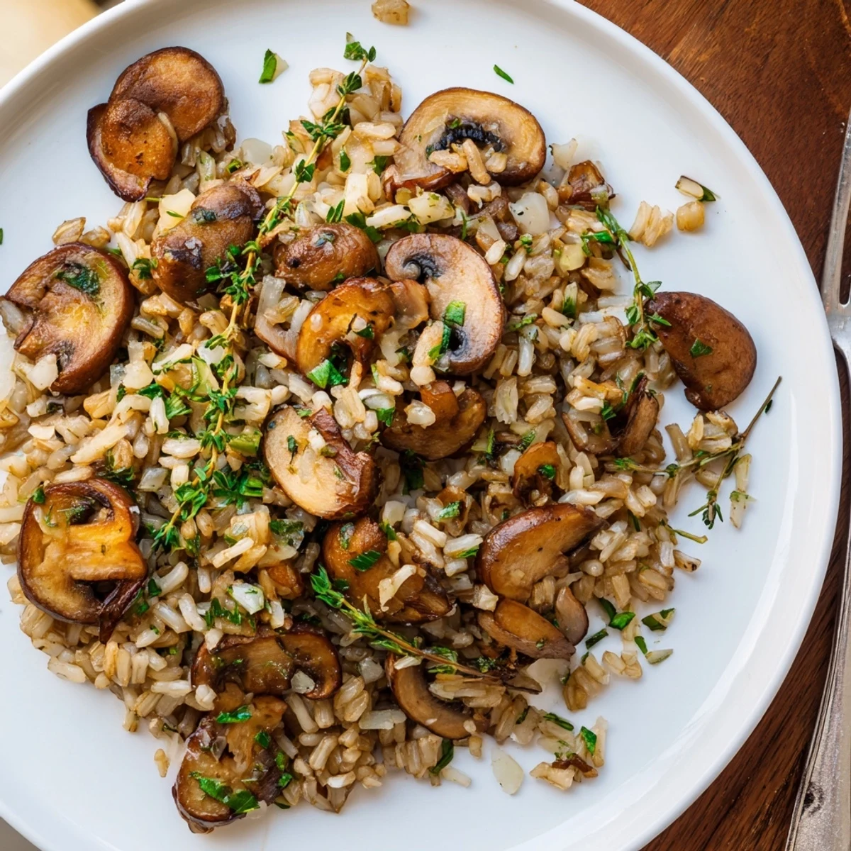 Vibrant Herbed Brown Rice with Roasted Mushrooms and Garlic topped with fresh parsley and thyme, served warm on a wooden table.