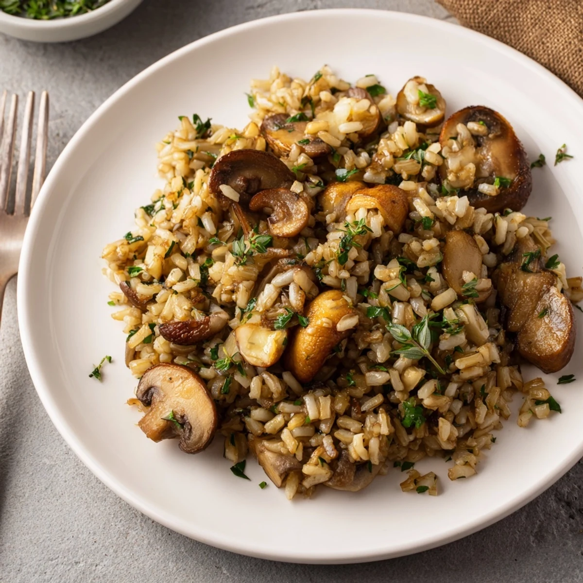 A close-up of Herbed Brown Rice with Roasted Mushrooms and Garlic, featuring fluffy grains and golden-brown mushrooms in a white dish.