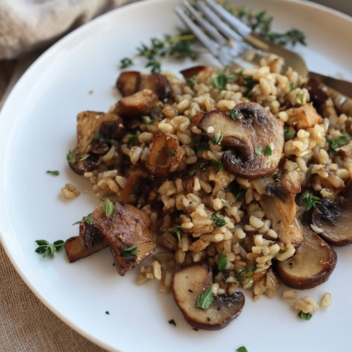 A rustic ceramic bowl holds Herbed Brown Rice with Roasted Mushrooms and Garlic, garnished with toasted pine nuts and a hint of lemon zest.