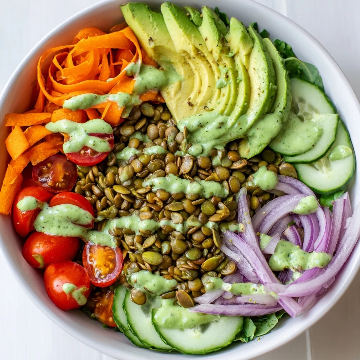 Vibrant Green Goddess Lentil Vegan Bowl with Pickled Onions topped with creamy dressing and fresh avocado slices.