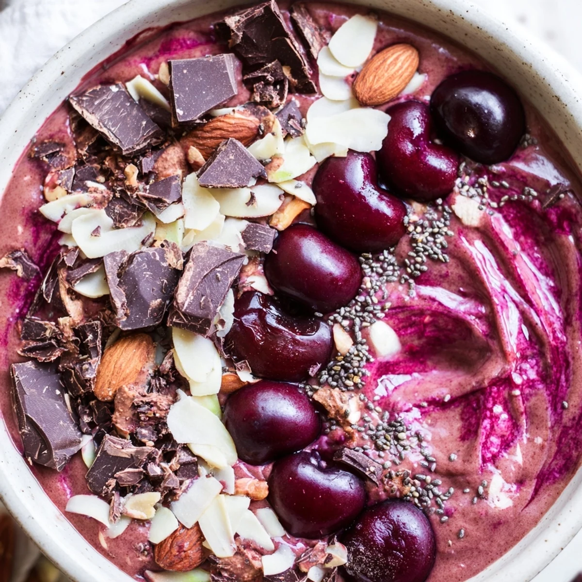 Healthy Cherry Almond Smoothie Bowl topped with sliced almonds and crunchy gluten-free granola.  