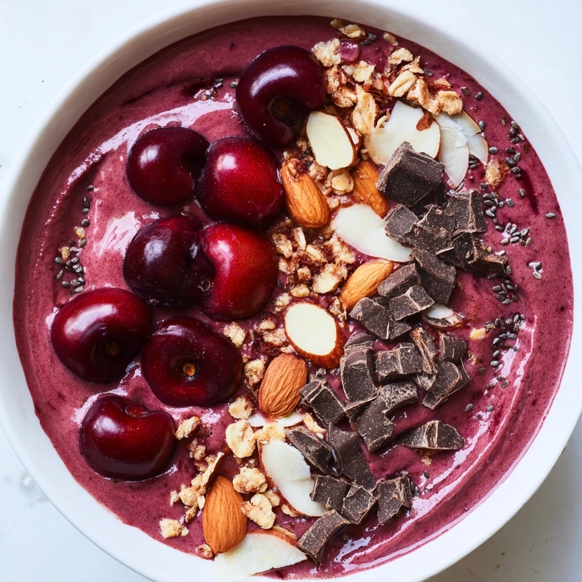 Refreshing Cherry Almond Smoothie Bowl served in a bowl with chia seeds and cold brew.