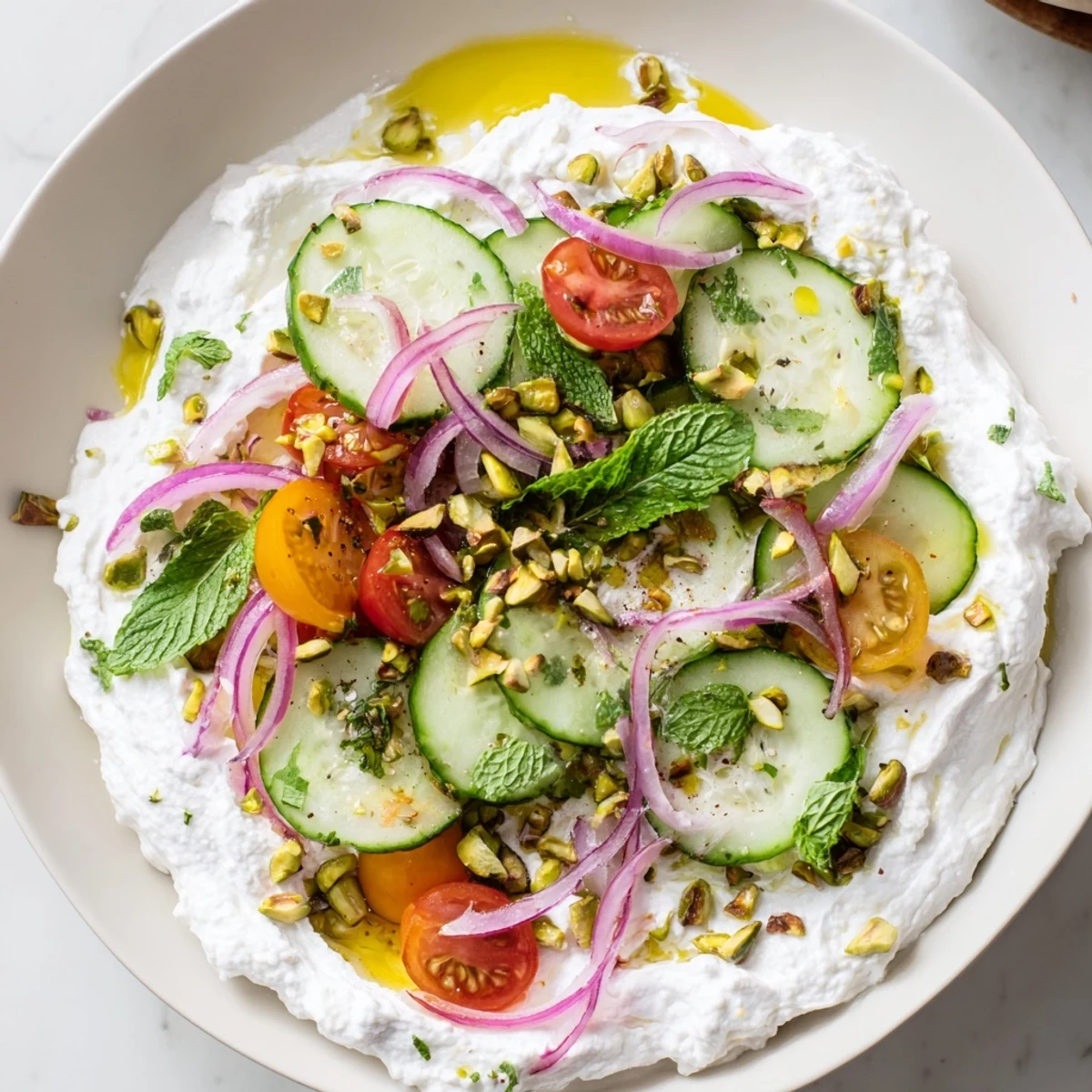 A close-up of Cucumber Mint and Pistachio Salad Bowl with Whipped Feta on a white platter, showing crisp cukes and creamy feta.