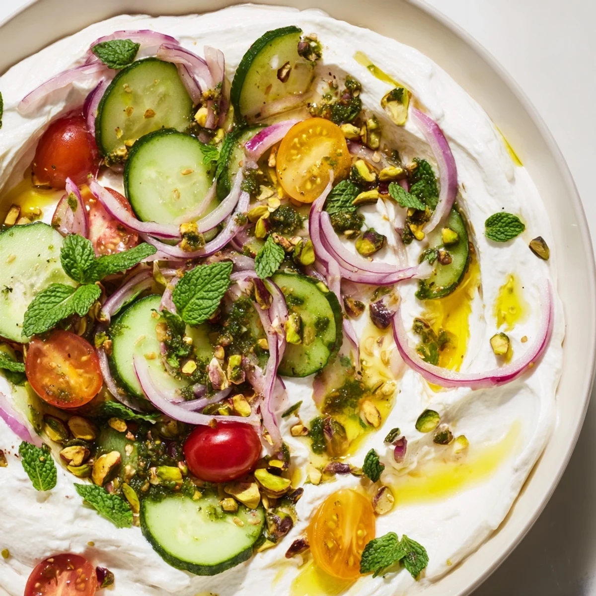 Cucumber Mint and Pistachio Salad Bowl with Whipped Feta is piled high in a rustic ceramic bowl with herbs and chopped pistachios.