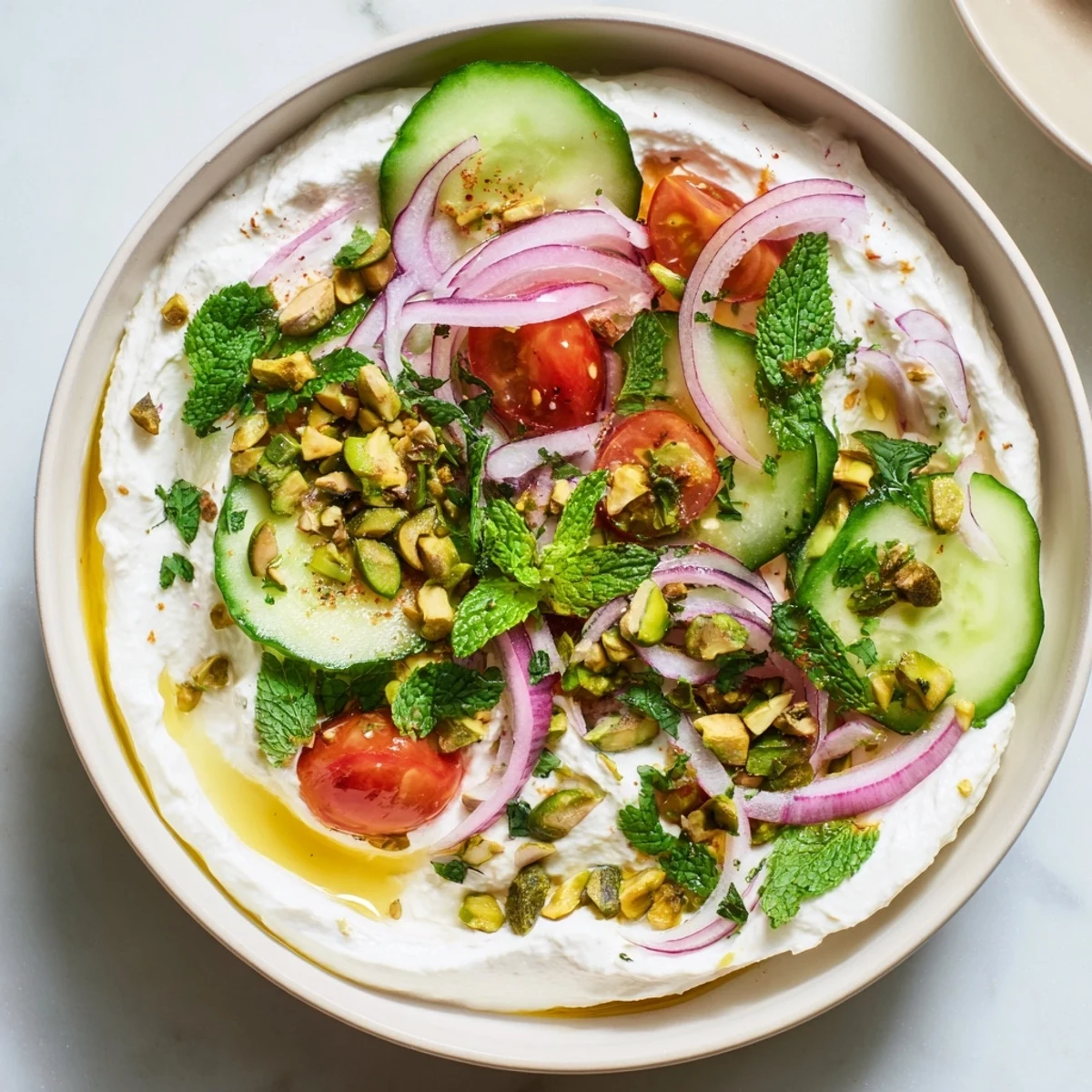 Overhead view of Cucumber Mint and Pistachio Salad Bowl with Whipped Feta, garnished with mint leaves and drizzled with lemony dressing.
