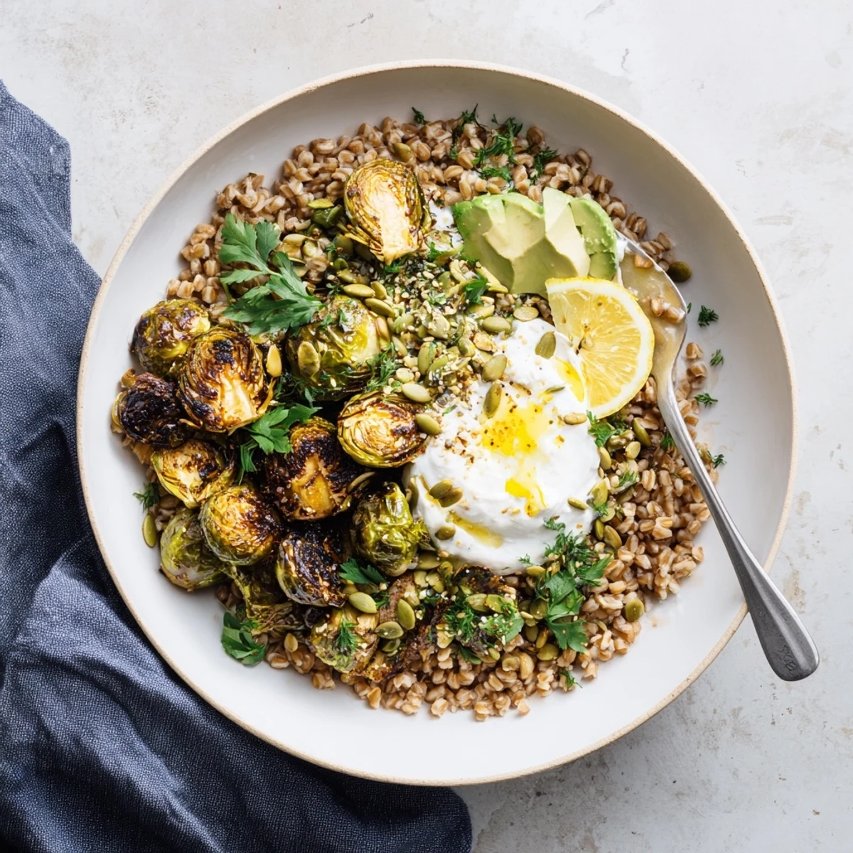 Golden roasted Brussels sprouts with crispy edges are drizzled with spicy hot honey, served over fluffy farro in this grain bowl topped with creamy ricotta.