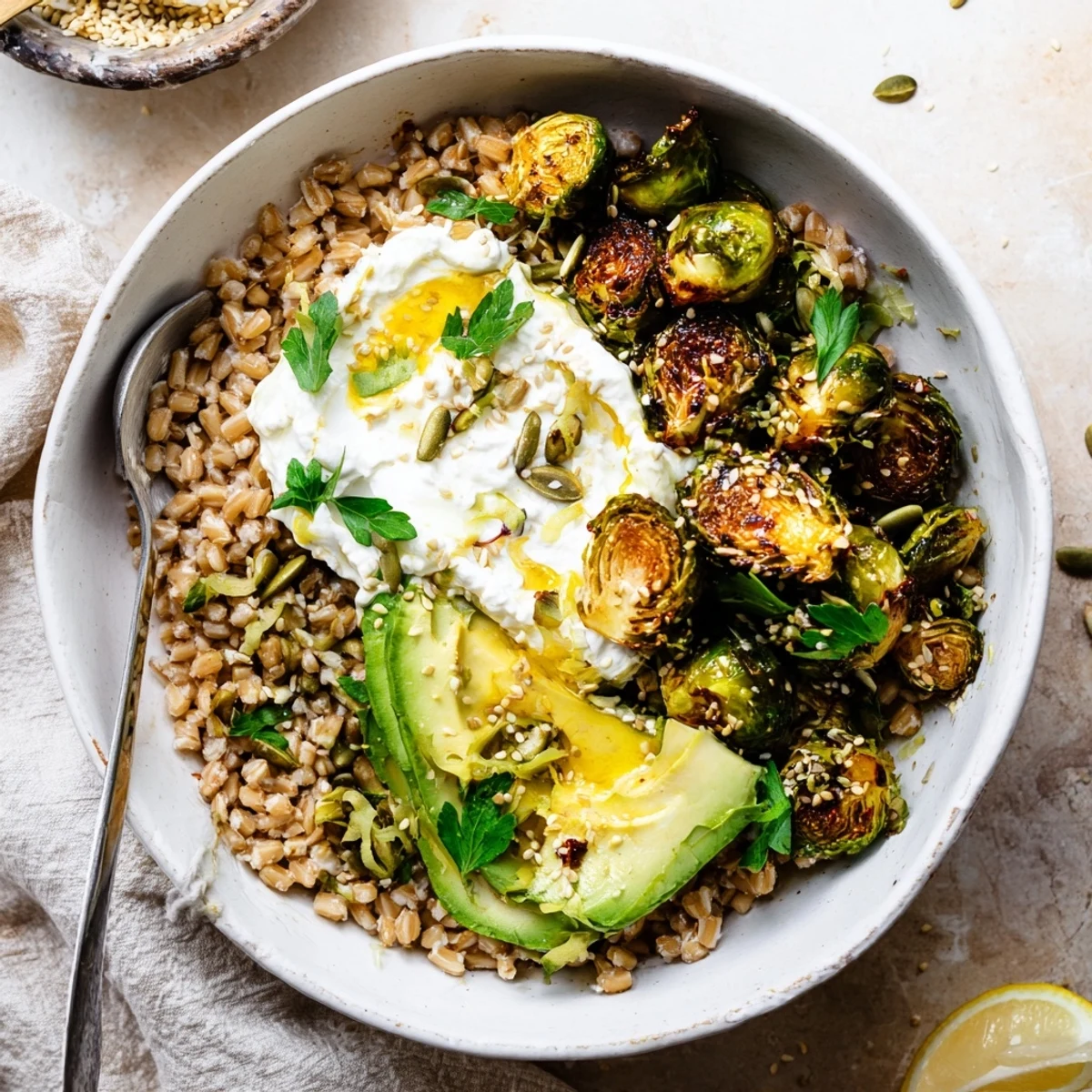 Crispy Hot Honey Brussels Sprouts Grain Bowl with Creamy Ricotta highlights a hearty mix of tender greens, warm grains, and smooth cheese for a comforting meal.