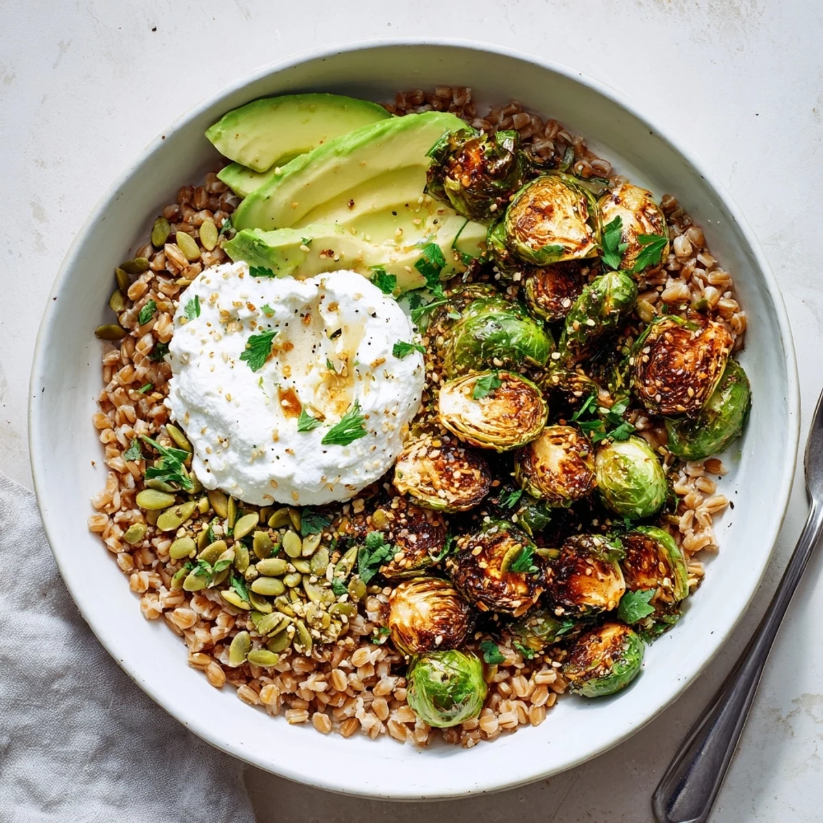 A colorful vegetarian grain bowl featuring crispy Brussels sprouts, a drizzle of hot honey, and a generous dollop of lemony ricotta garnished with fresh herbs.