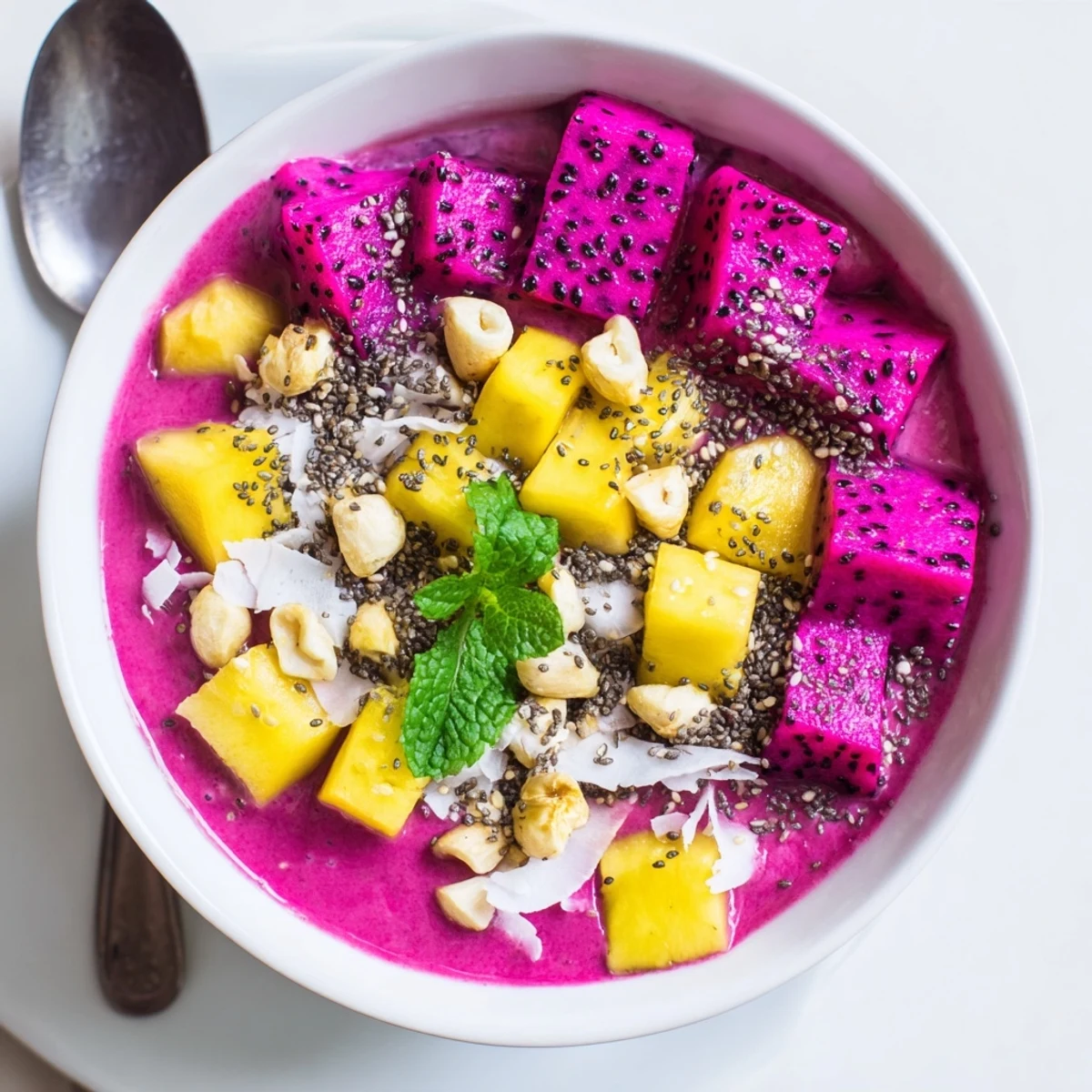 Two bowls of Dragon Fruit Coconut Smoothie Bowl with Toasted Macadamia on a wooden table, garnished with chia seeds and mint leaves for a tropical breakfast presentation.