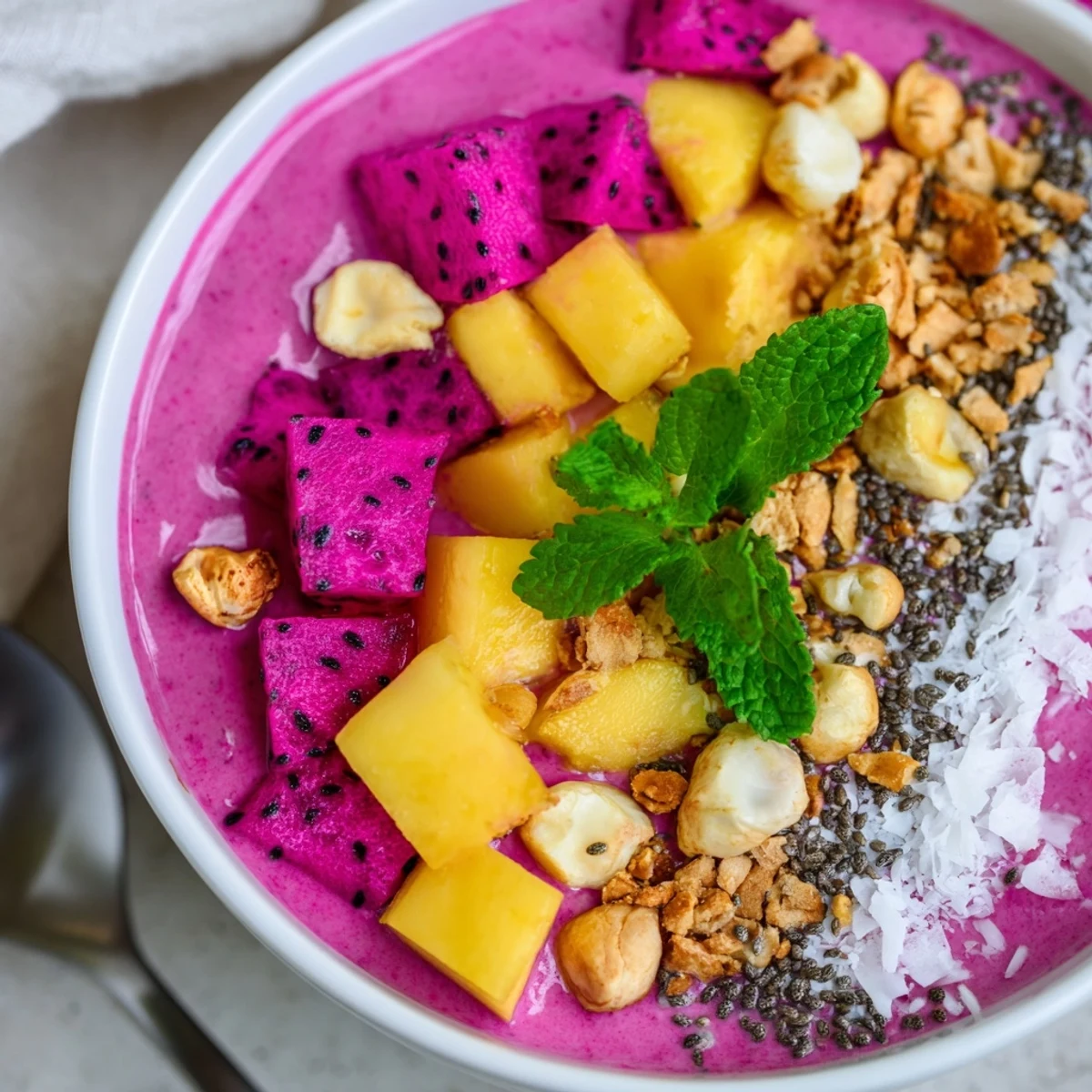 Top-down view of Dragon Fruit Coconut Smoothie Bowl with Toasted Macadamia, highlighting fresh dragon fruit pieces, sliced banana, and crunchy macadamia toppings in a bright kitchen setting.