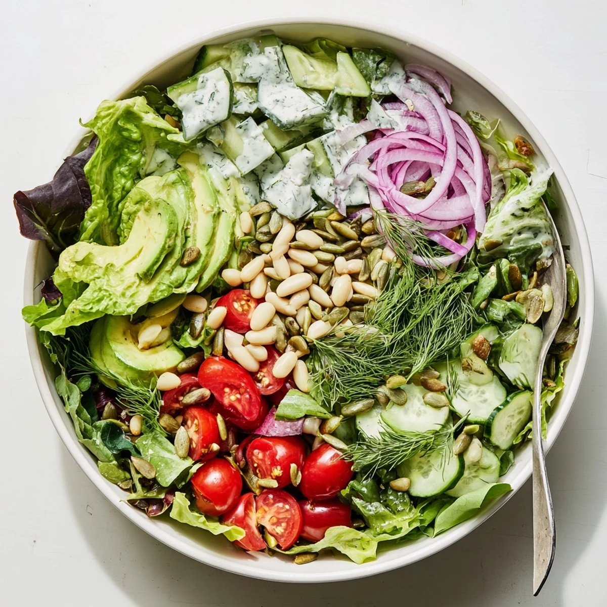 A vibrant bowl of Creamy Dill Pickle Salad with avocado and white beans, topped with fresh dill and crunchy sunflower seeds.