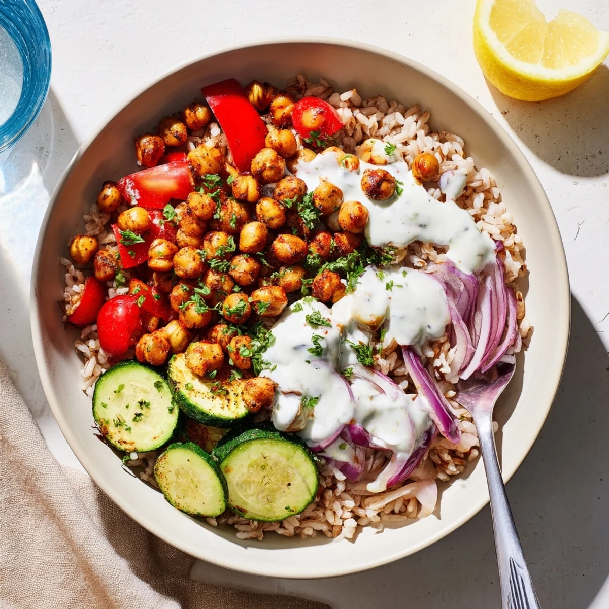 Close-up of Smoky Paprika Chickpea Veggie Bowl with Lemon Yogurt, featuring crispy roasted chickpeas, vibrant bell peppers, and zesty sauce.