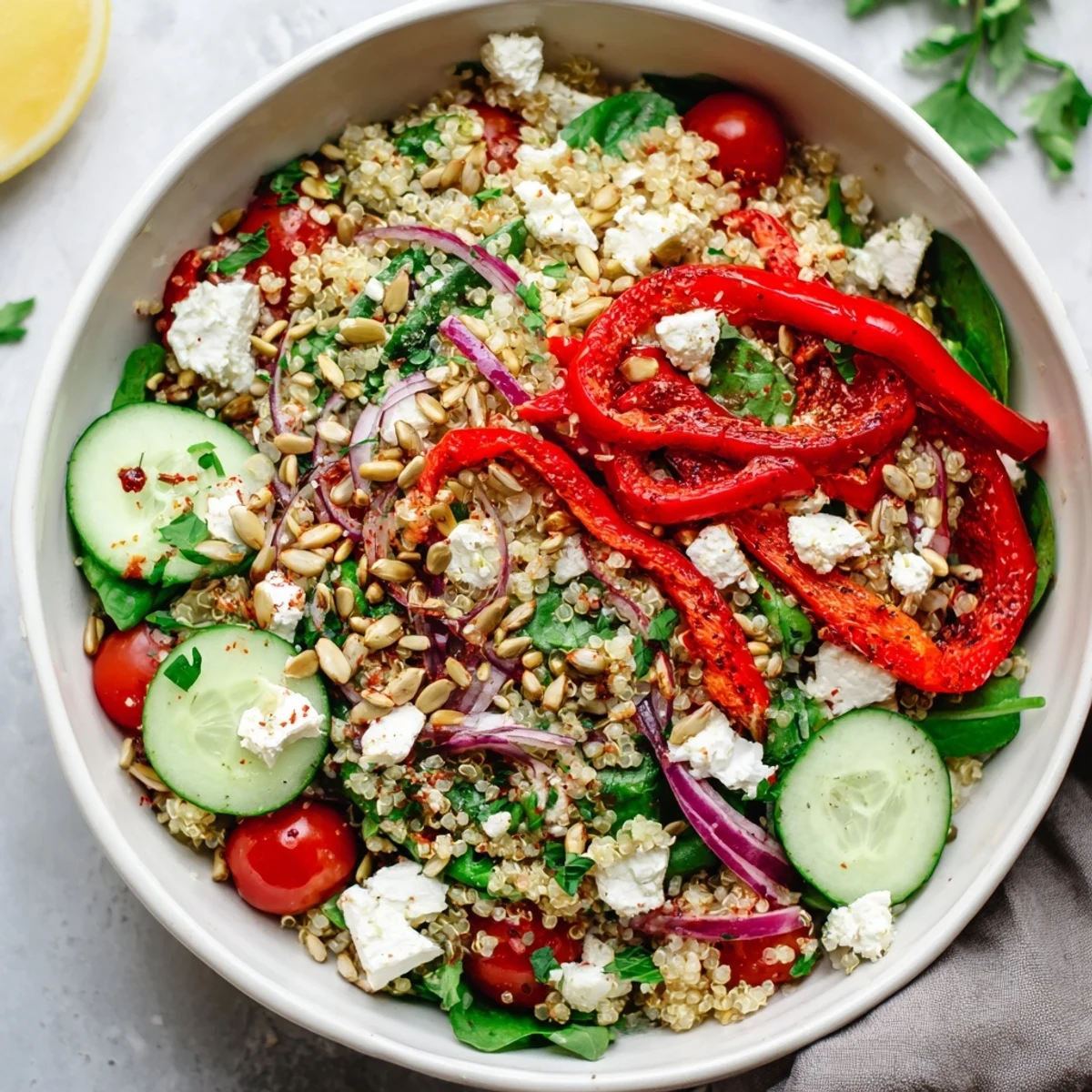 Gluten-free bowl dressed in lemony olive oil, ready to serve on a plate for a healthy lunch or dinner.