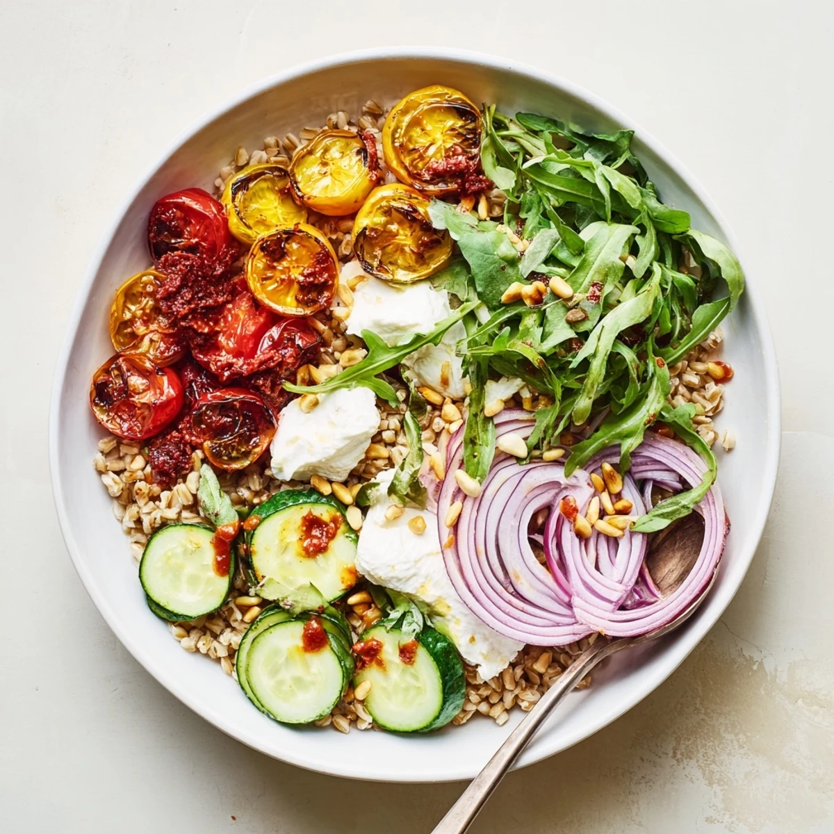 A close-up of the Spicy Calabrian Chili Burrata Grain Bowl with Roasted Tomatoes, showing creamy burrata on farro with vibrant red tomatoes and basil.