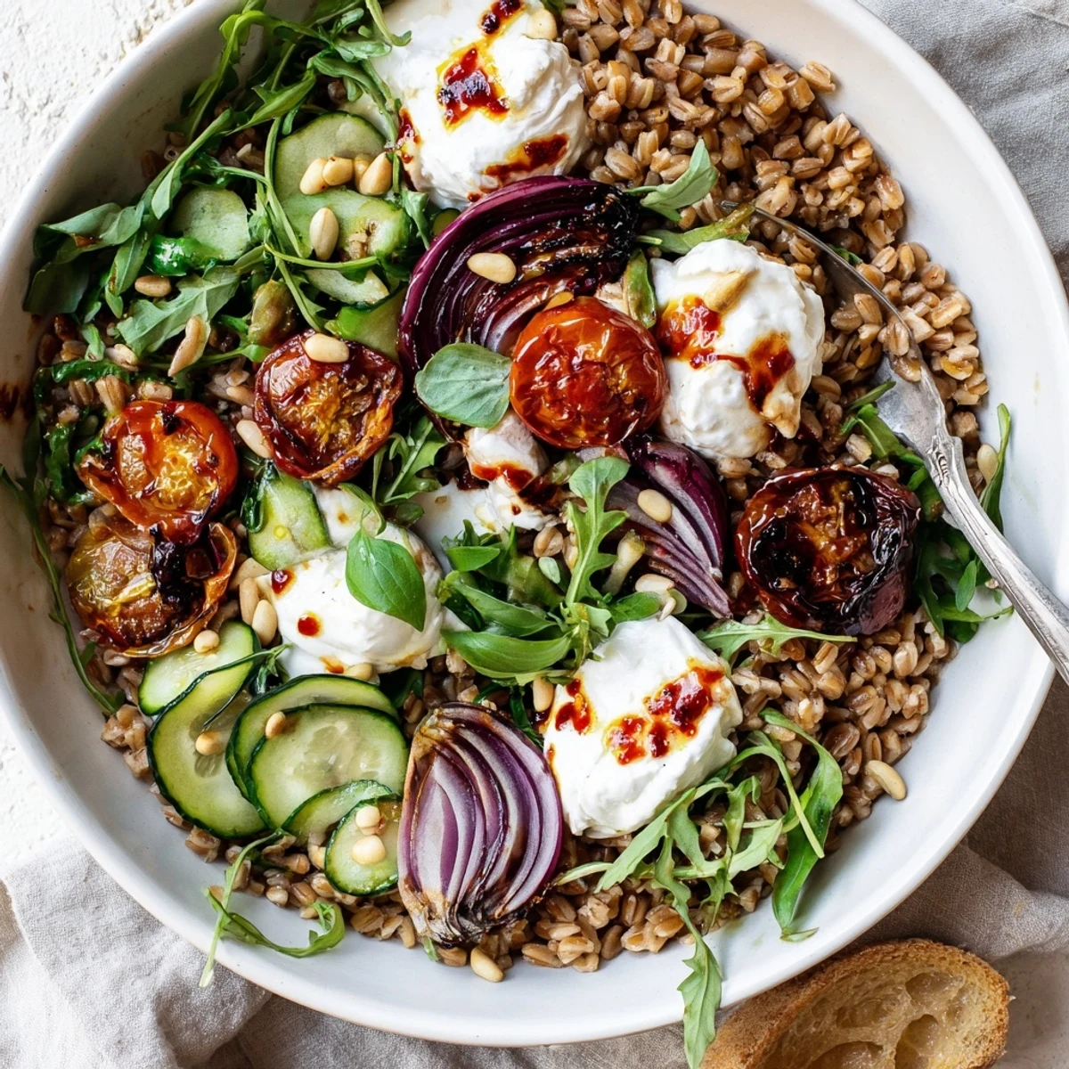 In this Spicy Calabrian Chili Burrata Grain Bowl with Roasted Tomatoes, roasted tomatoes and arugula top farro, finished with chili oil and pine nuts.