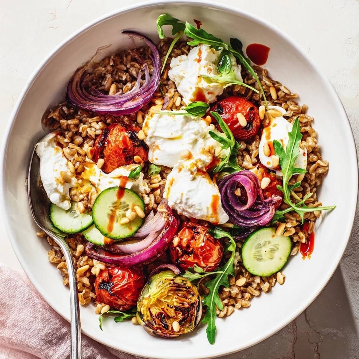 Overhead view of the Spicy Calabrian Chili Burrata Grain Bowl with Roasted Tomatoes, featuring a torn burrata ball and a drizzle of chili oil.