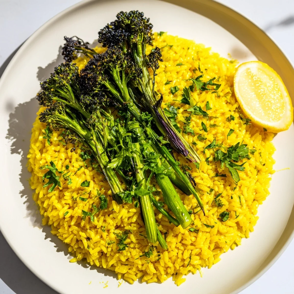 Bright yellow turmeric basmati rice with lemon zest, topped with smoky charred broccolini and fresh parsley.