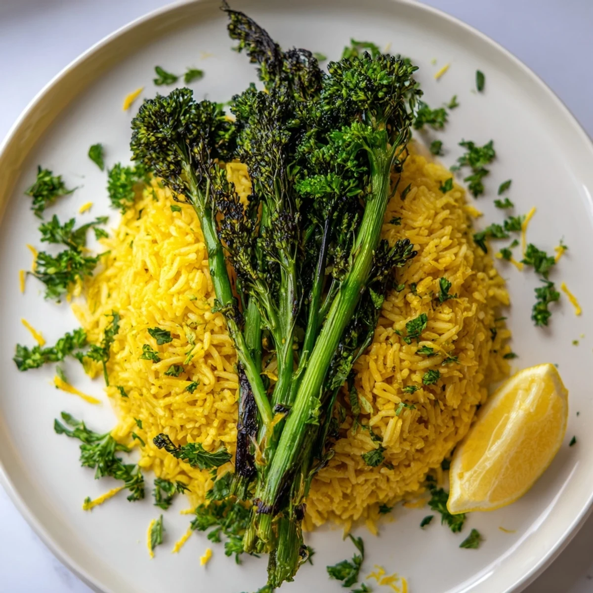 Fluffy Lemon Turmeric Basmati Rice with seared broccolini, finished with lemon wedges on a white plate.