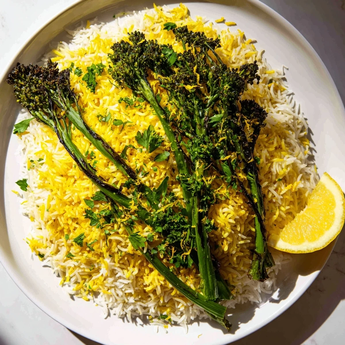 Healthy vegan Lemon Turmeric Basmati Rice, charred broccolini, and fresh herbs served warm as a side dish.