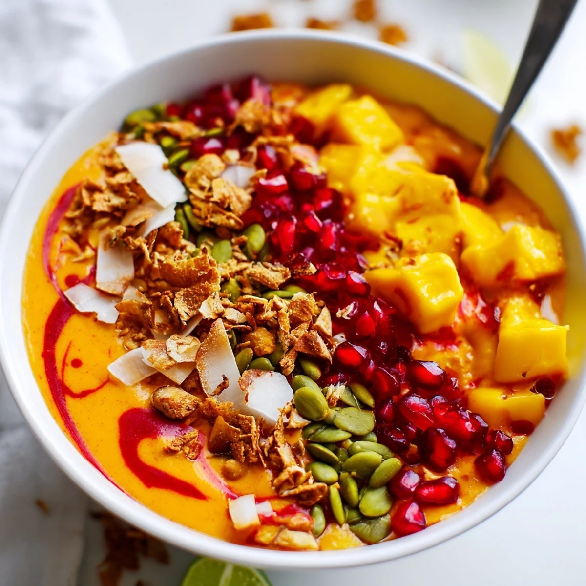 Vibrant Mango Chamoy Smoothie Bowl topped with toasted coconut flakes and fresh mango chunks in a white bowl.
