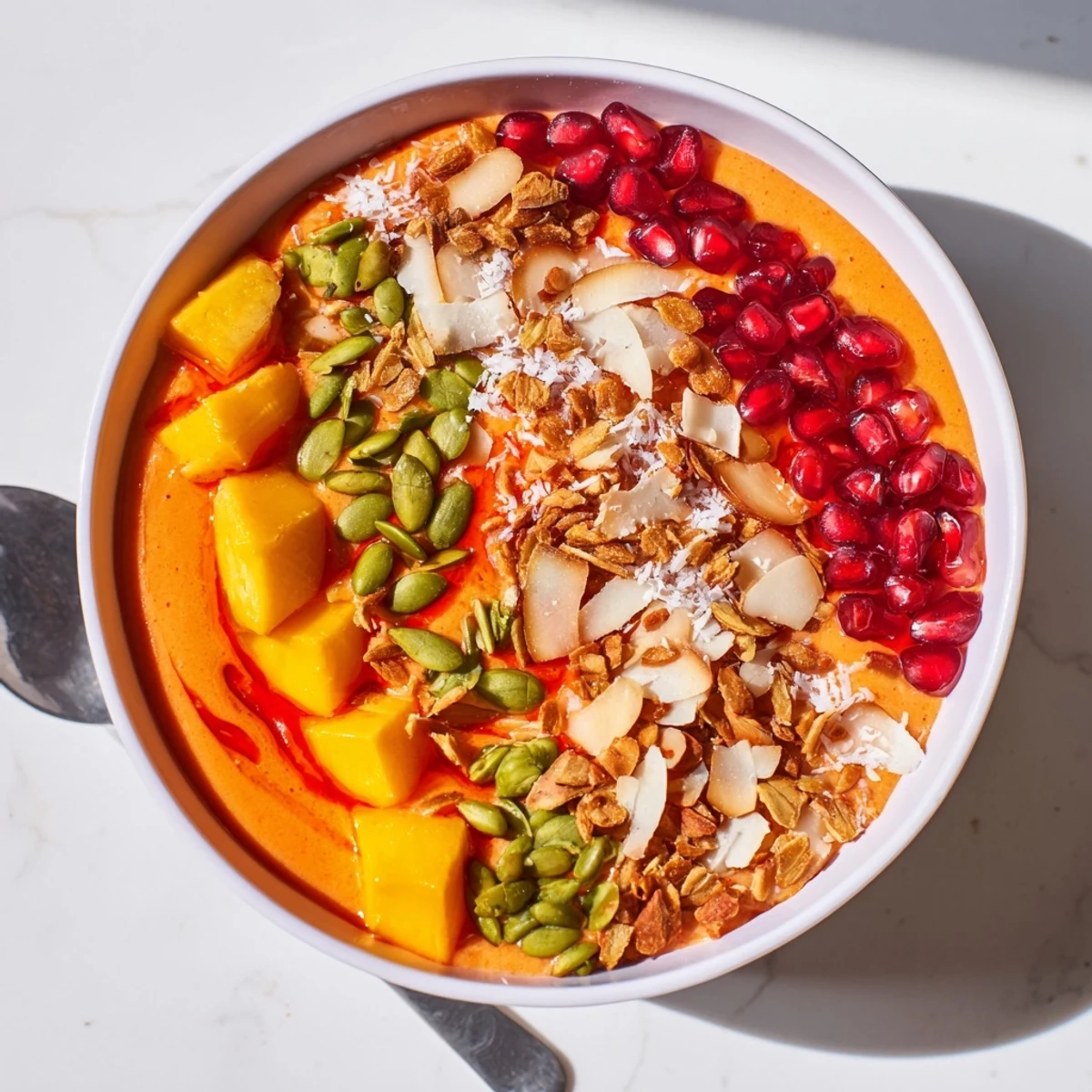 Two servings of Mango Chamoy Smoothie Bowl with crunchy nuts and seeds, ready for a healthy breakfast.