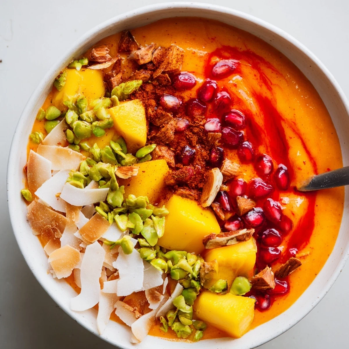 Spoon lifting creamy Mango Chamoy Smoothie Bowl with pomegranate seeds and a drizzle of chamoy sauce.