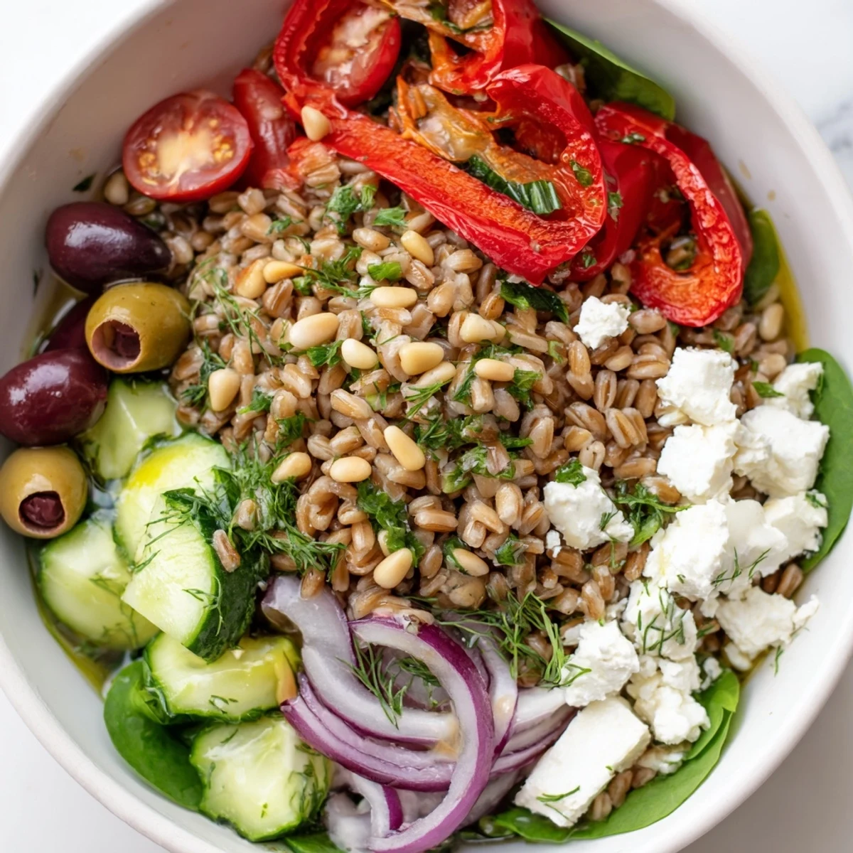 A vibrant Mediterranean Herb Farro Grain Bowl with Marinated Olives showcases fresh parsley, dill, and crumbled feta cheese on a rustic wooden table.