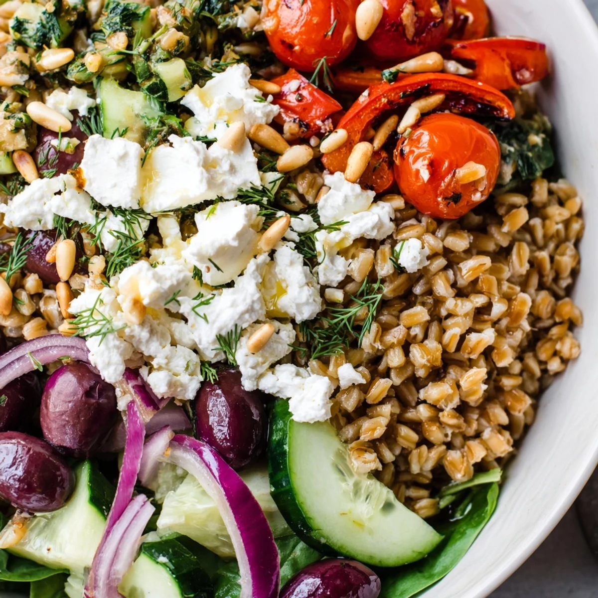 This hearty Mediterranean Herb Farro Grain Bowl with Marinated Olives features juicy cherry tomatoes, diced cucumber, and toasted pine nuts for texture.
