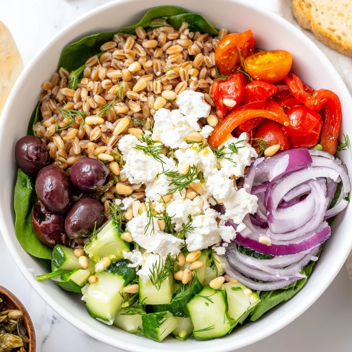 Close-up of a Mediterranean Herb Farro Grain Bowl with Marinated Olives, garnished with tangy olives and a lemony dressing drizzle, ready to serve.