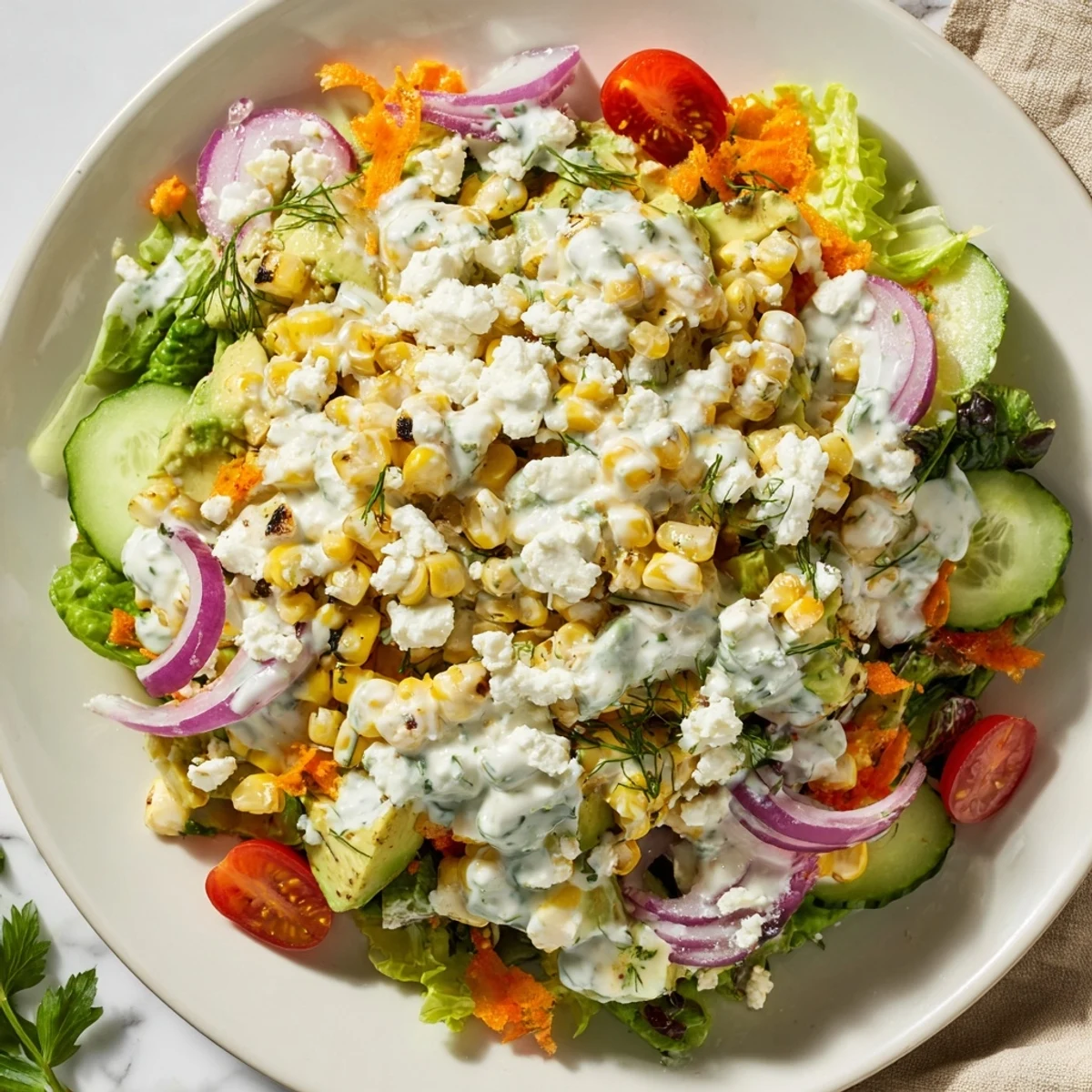 Creamy Avocado Ranch Salad Bowl with Grilled Corn served in a white bowl, featuring charred kernels, crisp greens, and creamy avocado.