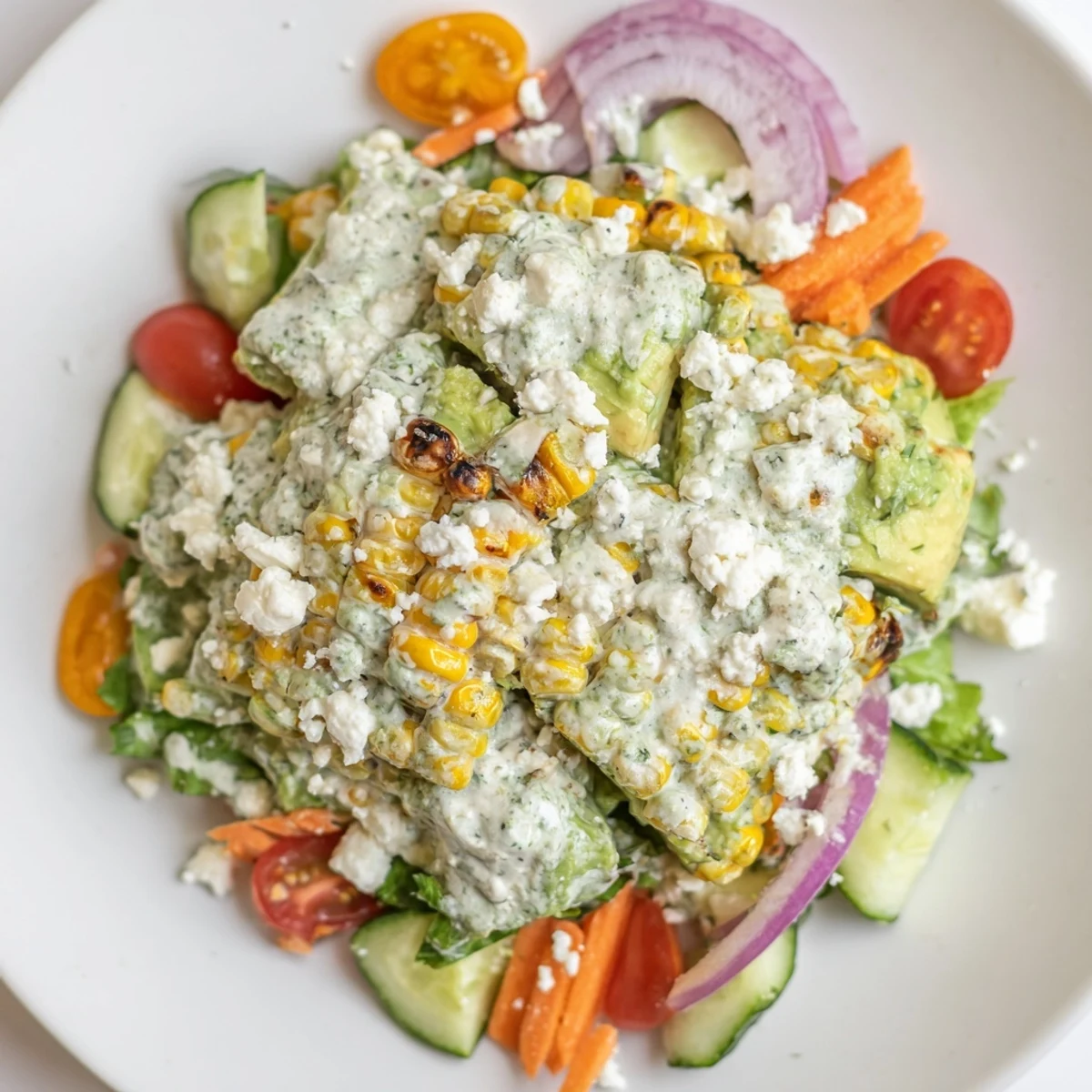 A vibrant Creamy Avocado Ranch Salad Bowl with Grilled Corn topped with crumbled feta, pepitas, and fresh herbs on a rustic table.