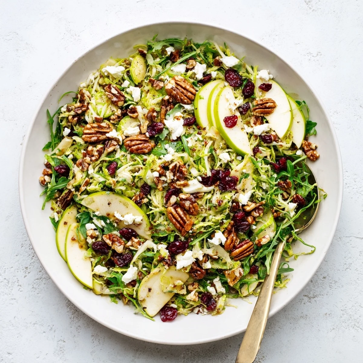The vibrant Shaved Brussels Sprout and Apple Salad Bowl with Candied Pecans is tossed in tangy Dijon vinaigrette.