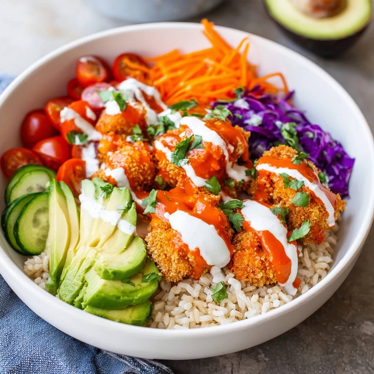 Golden baked cauliflower florets tossed in spicy buffalo sauce top a vibrant veggie bowl with creamy ranch drizzle.